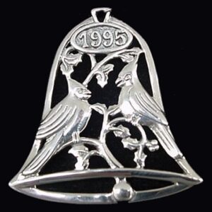 Bell with Cardinals 1995 Sterling Silver Christmas Ornament Hand & Hammer #1597