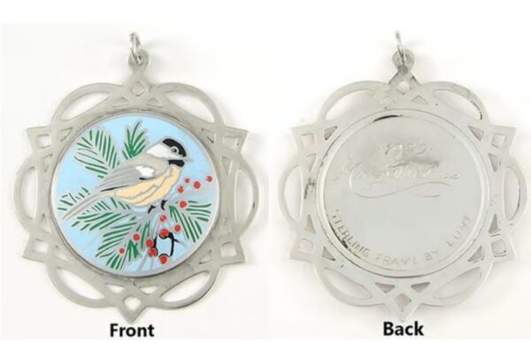 1990 Framed Chickadee Sterling Silver Christmas Ornament by Lunt