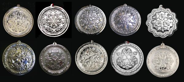 Towle Old Master Rosette Flowers Sterling Christmas Ornament Complete Set of 10 from Years 2002 thru 2011