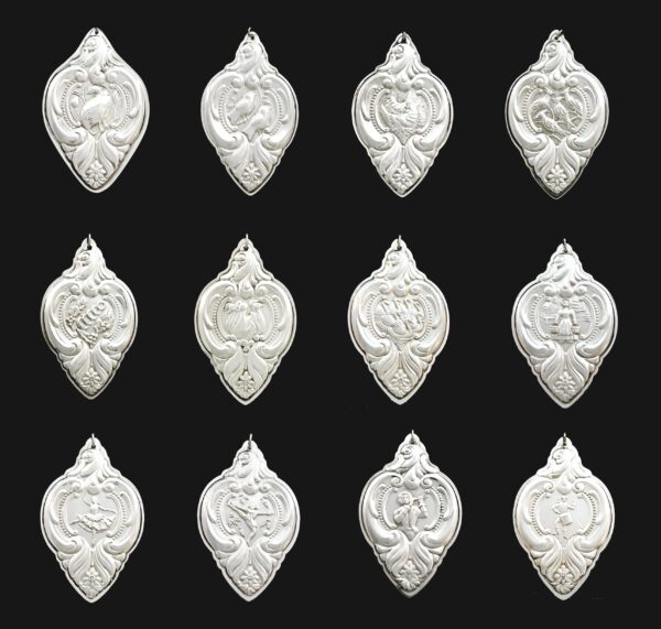 Wallace Grande Baroque 12 Days of Christmas Sterling Ornaments Complete Set of 12 1988 thru 1999