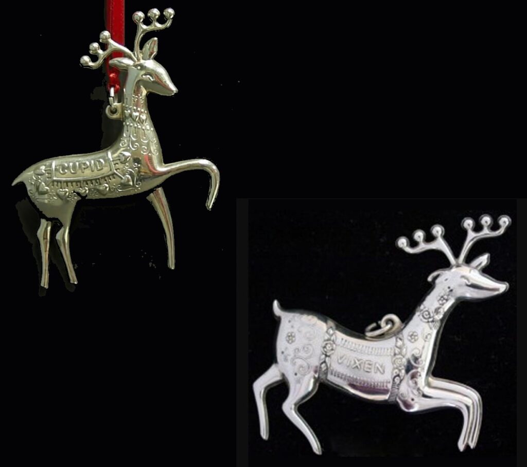 Santa's Reindeer Cupid and Vixen Sterling Silver Christmas Brooch Pendant by Oneida Set of 2