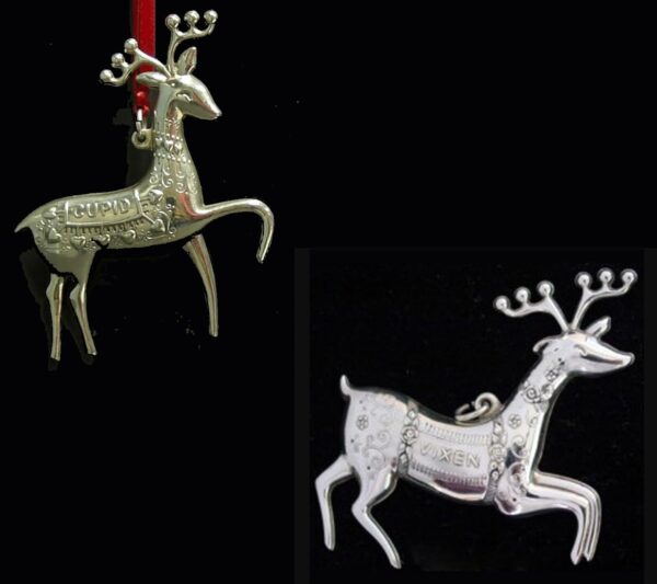 Santa's Reindeer Cupid and Vixen Sterling Silver Christmas Brooch Pendant by Oneida Set of 2
