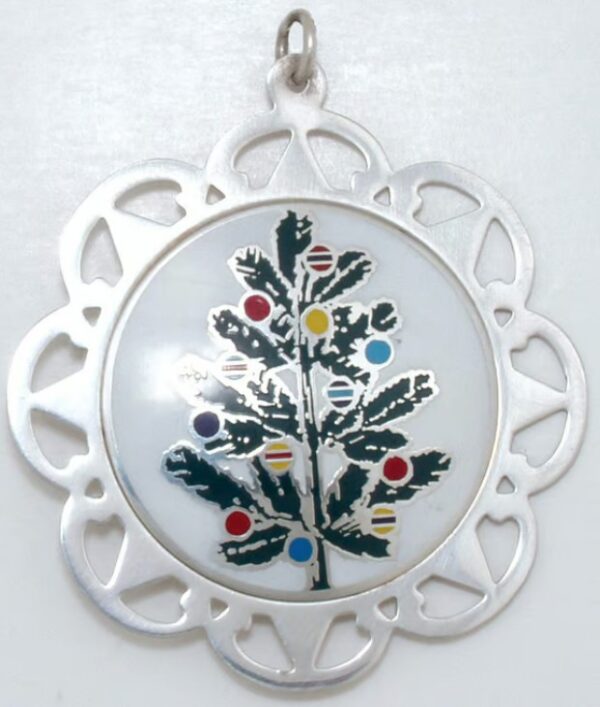 1979 Framed Evergreen Tree Sterling Silver Christmas Ornament by Lunt