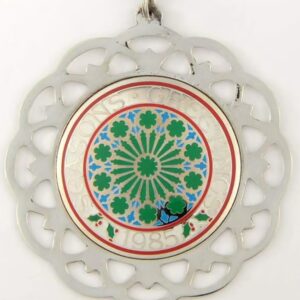 1985 Framed Seasons Greetings Sterling Silver Christmas Ornament by Lunt