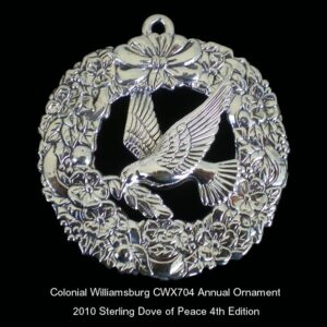 2010 Dove of Peace Wreath Sterling Christmas Ornament made for Colonial Williamsburg 4th Edition