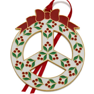 2010 Gold Plated Enameled Peace Sign Wreath Christmas Ornament by Wallace 1st Edition